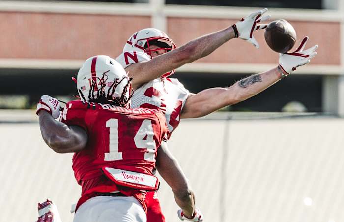 Chief Borders linebacker and Thomas Fidone tight end Nebraska football spring practice 2023-04-18 cropped